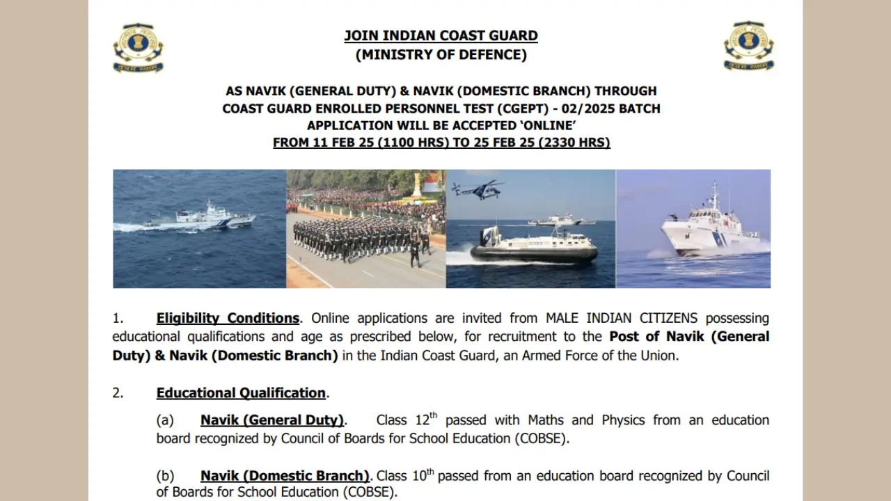 Coast Guard Navik (GD, DB) 02/2025 Notification OUT for 300 Posts, Apply Online