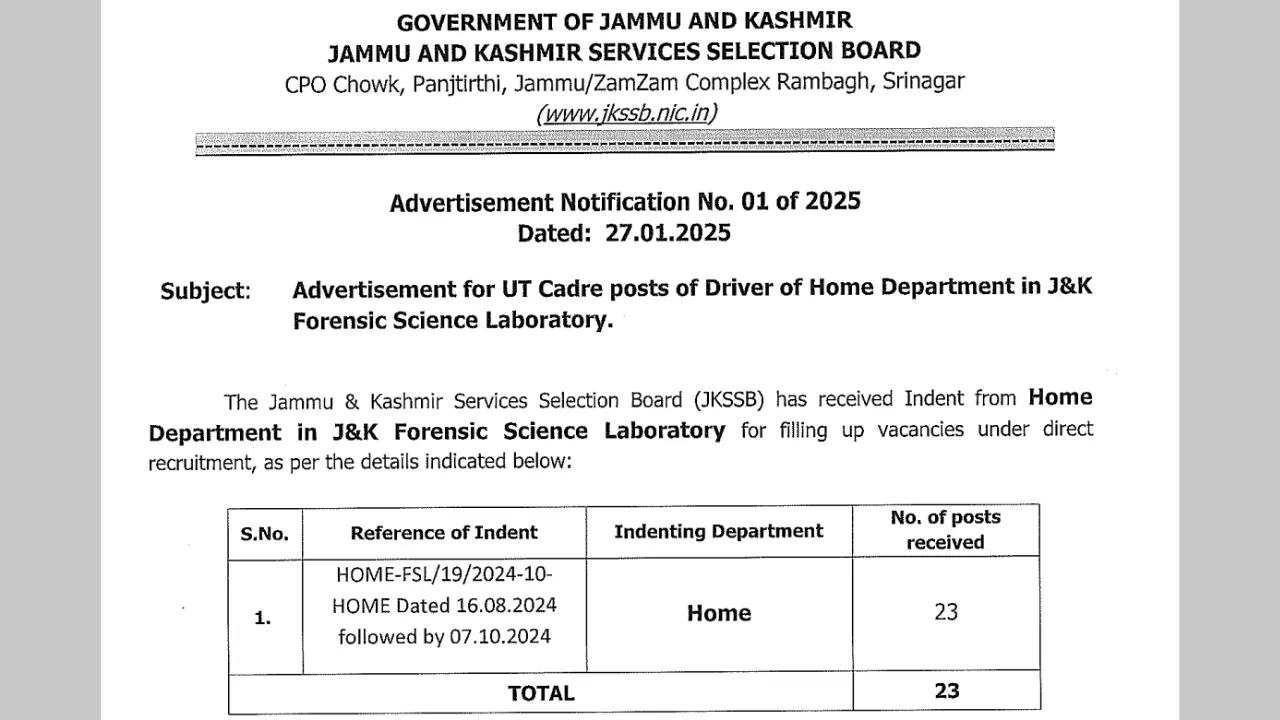 JKSSB FSL Driver Recruitment 2025 Notification and Online Form