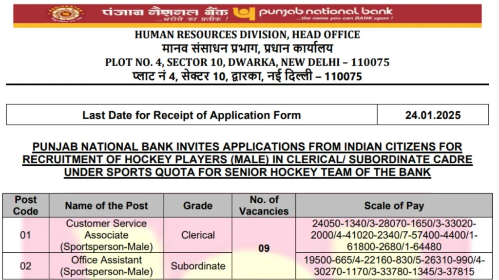 PNB Sports Quota Recruitment 2025 Notification and Offline Application Form for Hocky Players