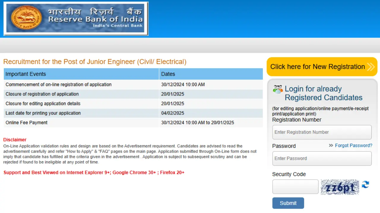 RBI JE Recruitment 2025 Notification and Online Form for 11 Posts