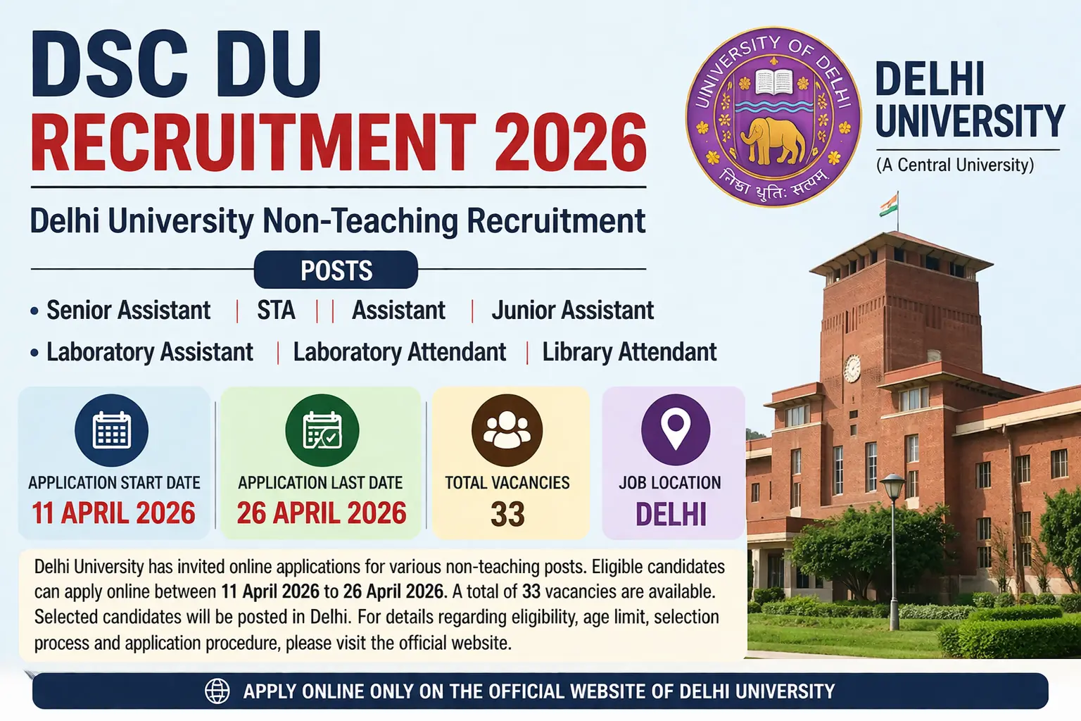 DSC DU Recruitment 2026: Notification Out for Non-Teaching Posts