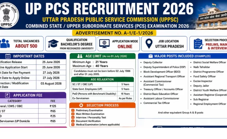 UP PCS Recruitment 2026: Apply Online for 500 Posts, Check Details