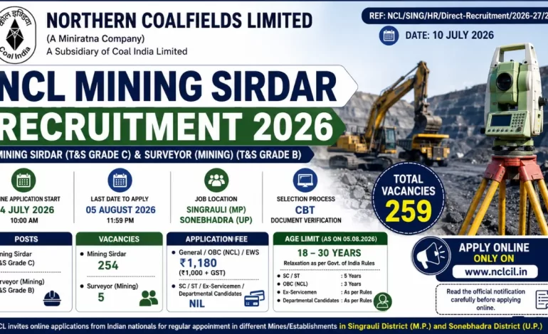 NCL Mining Sirdar Recruitment 2026: Apply Online for 259 Posts